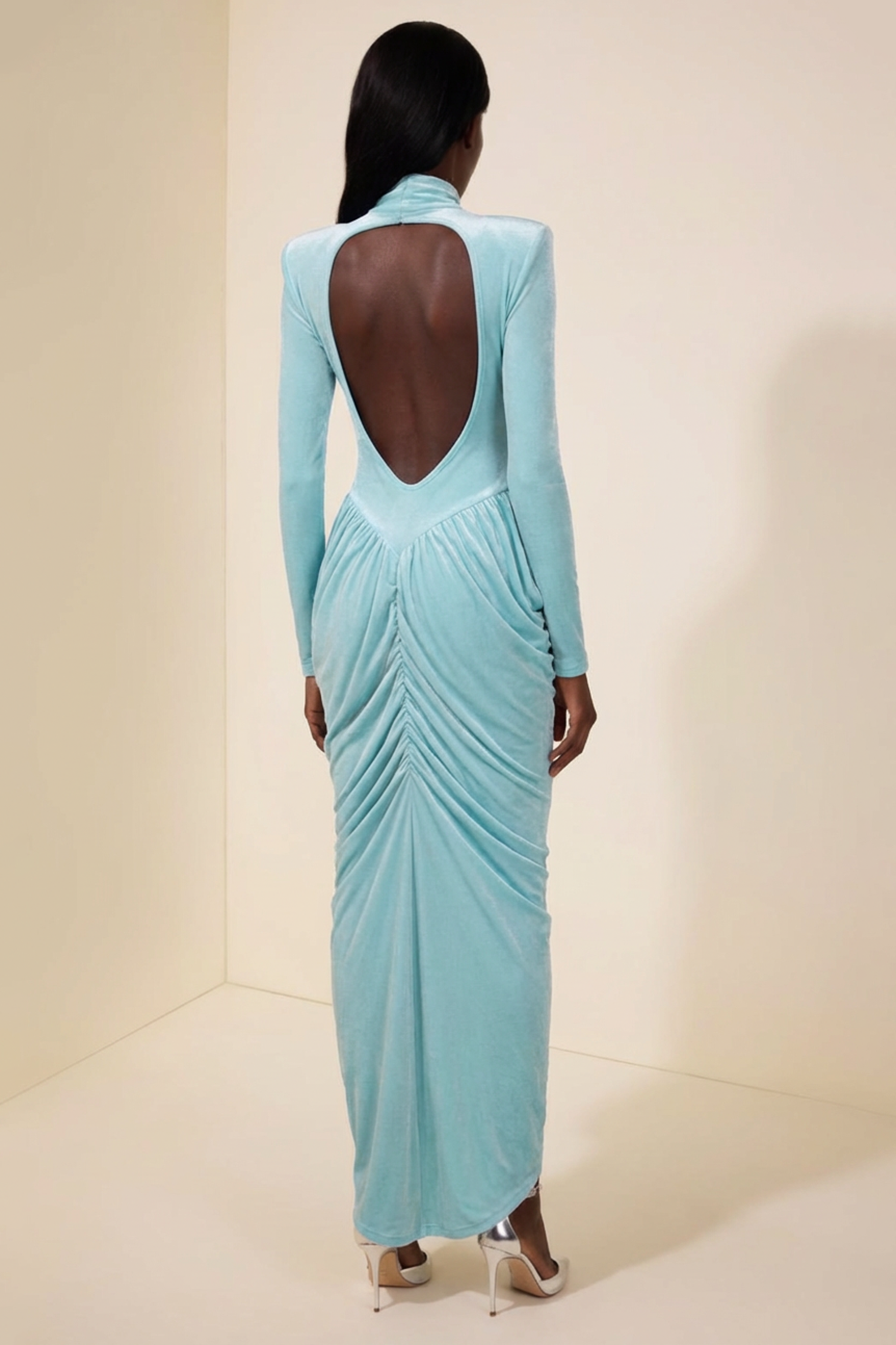 Jersey Stand Collar Backless Maxi Dress