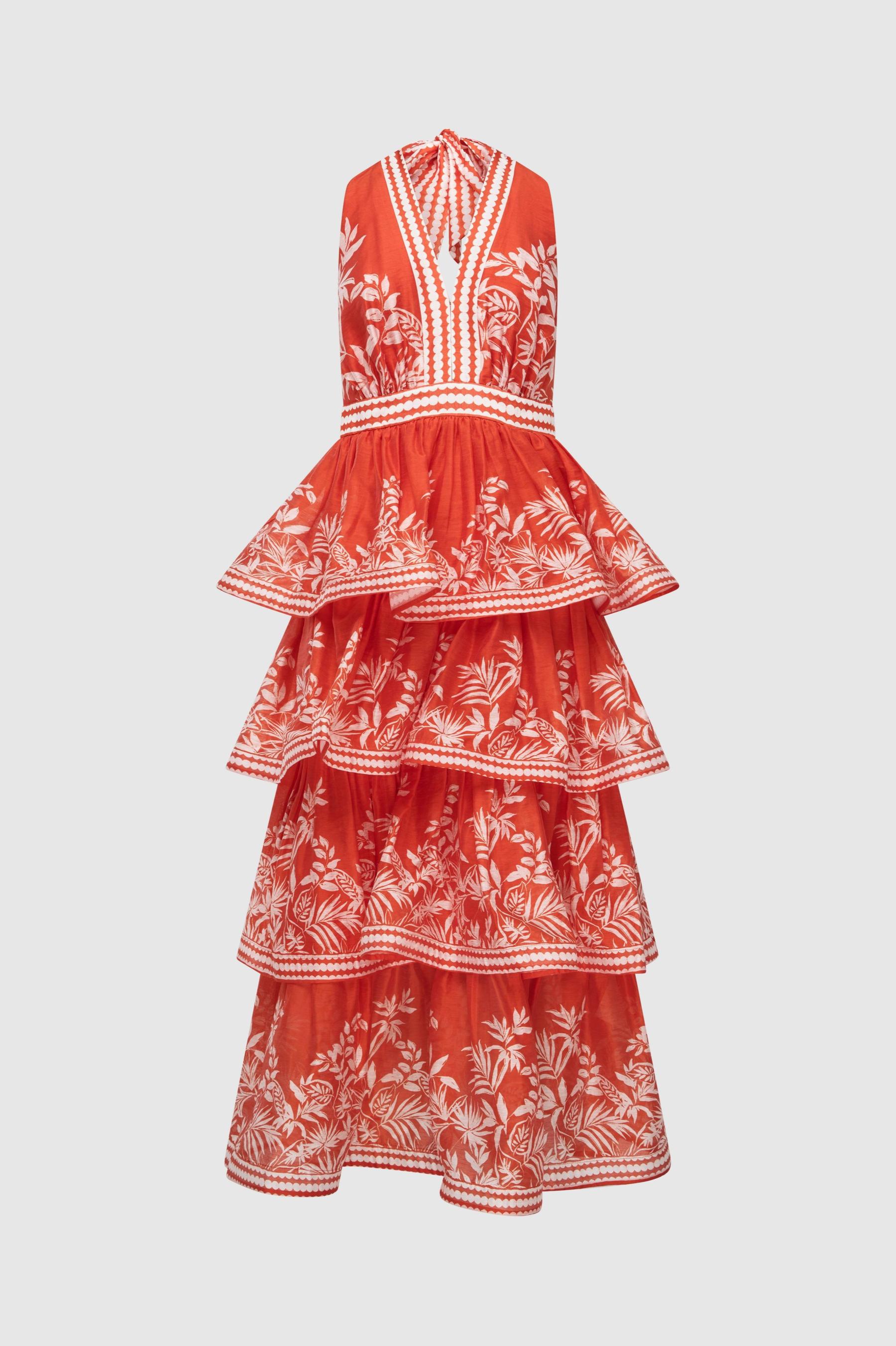 Botanical Print Ruffle Halter Neck Midi Dress