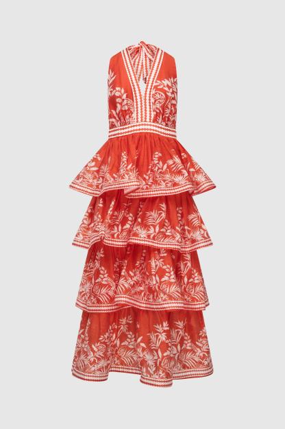 Botanical Print Ruffle Halter Neck Midi Dress