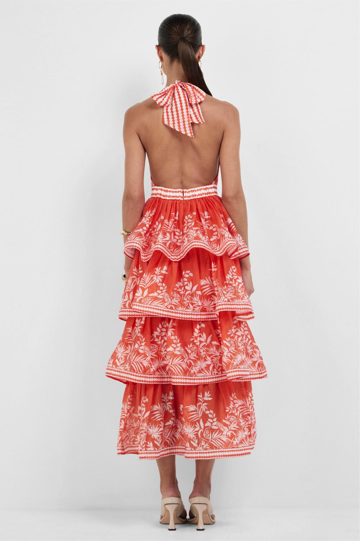 Botanical Print Ruffle Halter Neck Midi Dress