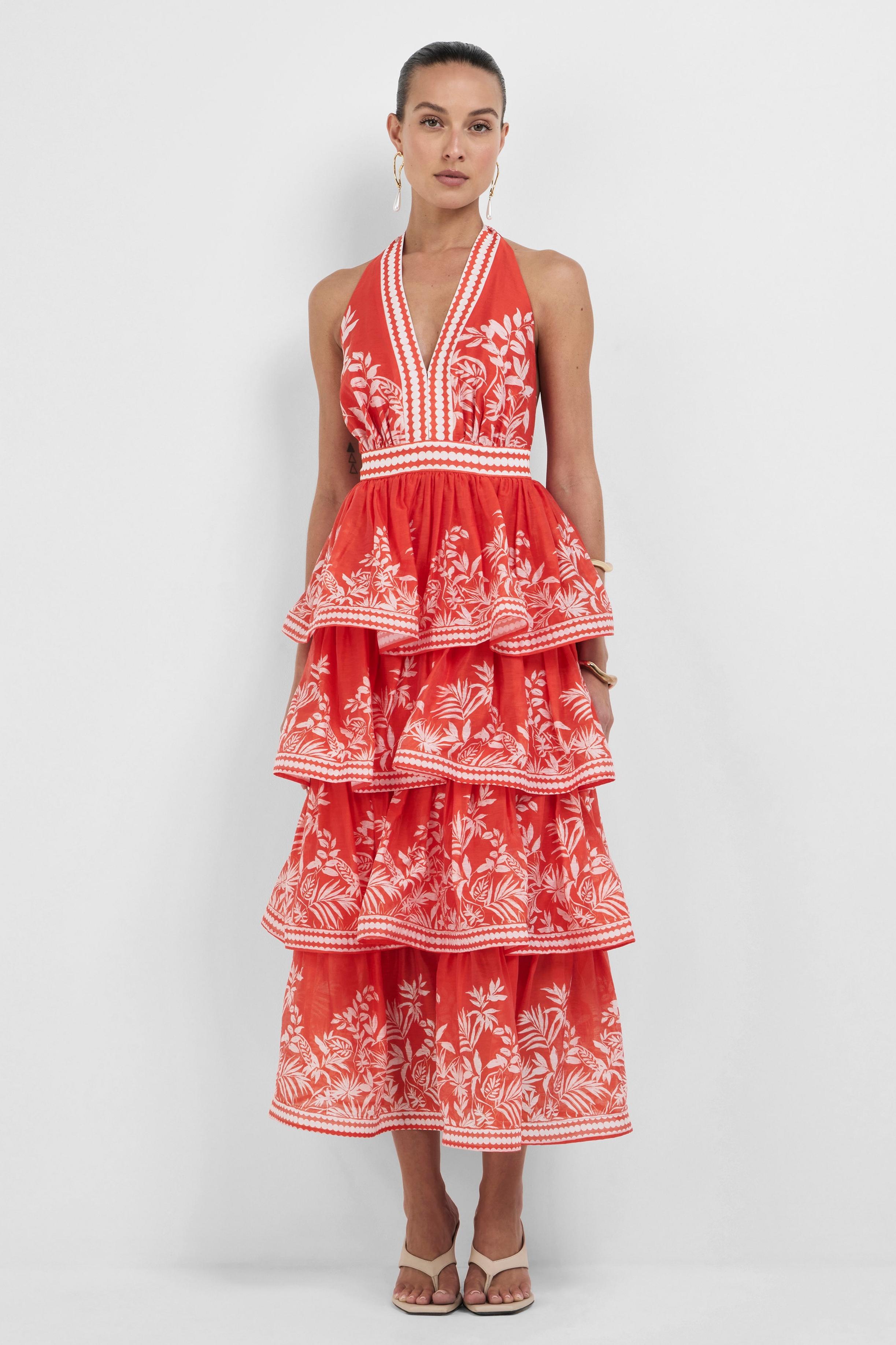 Botanical Print Ruffle Halter Neck Midi Dress