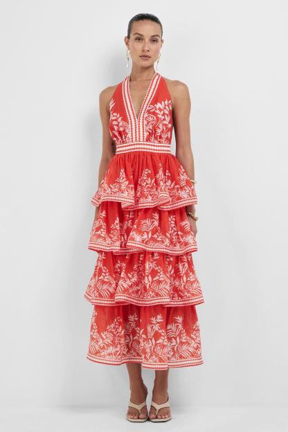 Botanical Print Ruffle Halter Neck Midi Dress