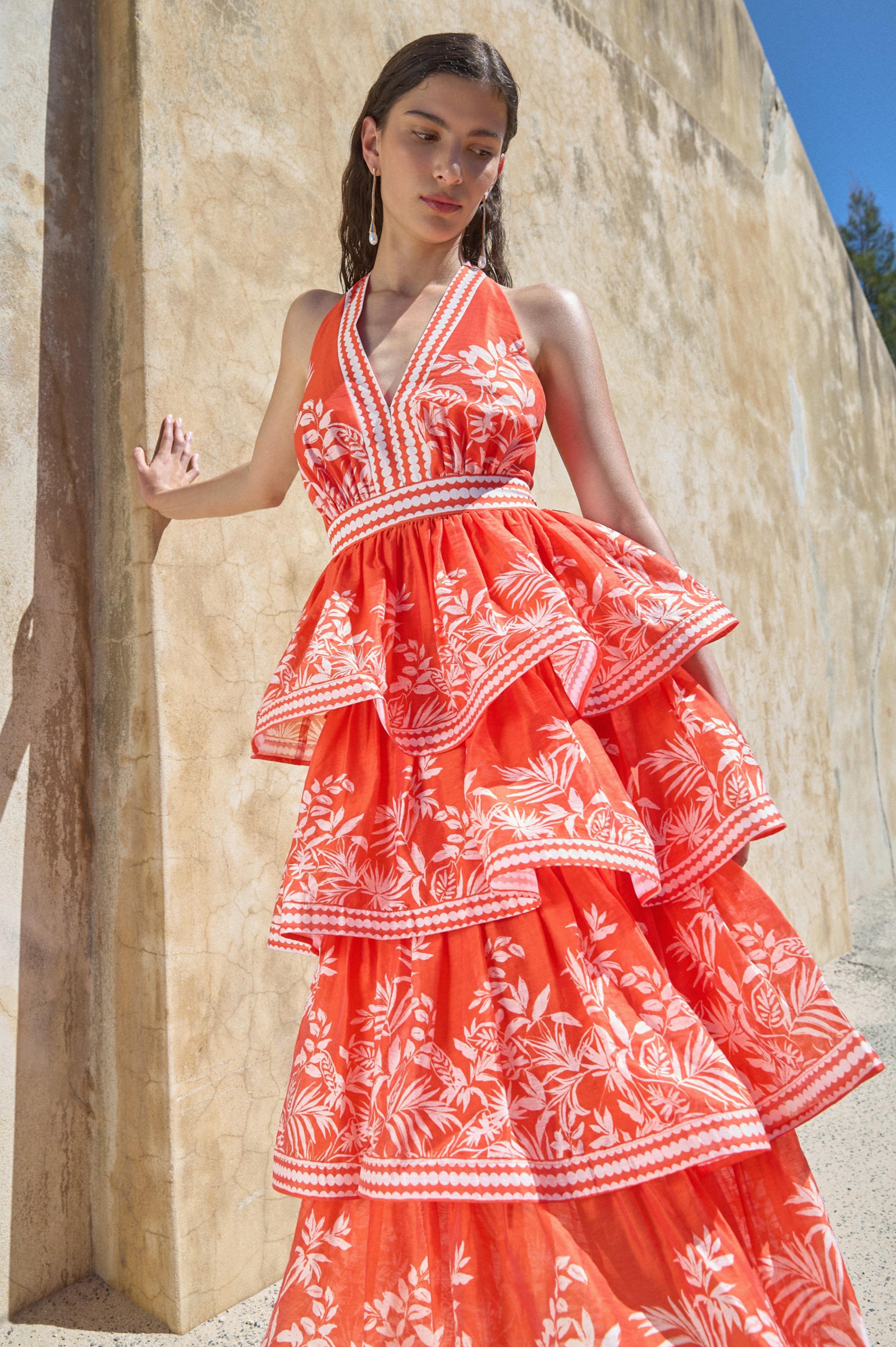 Botanical Print Ruffle Halter Neck Midi Dress