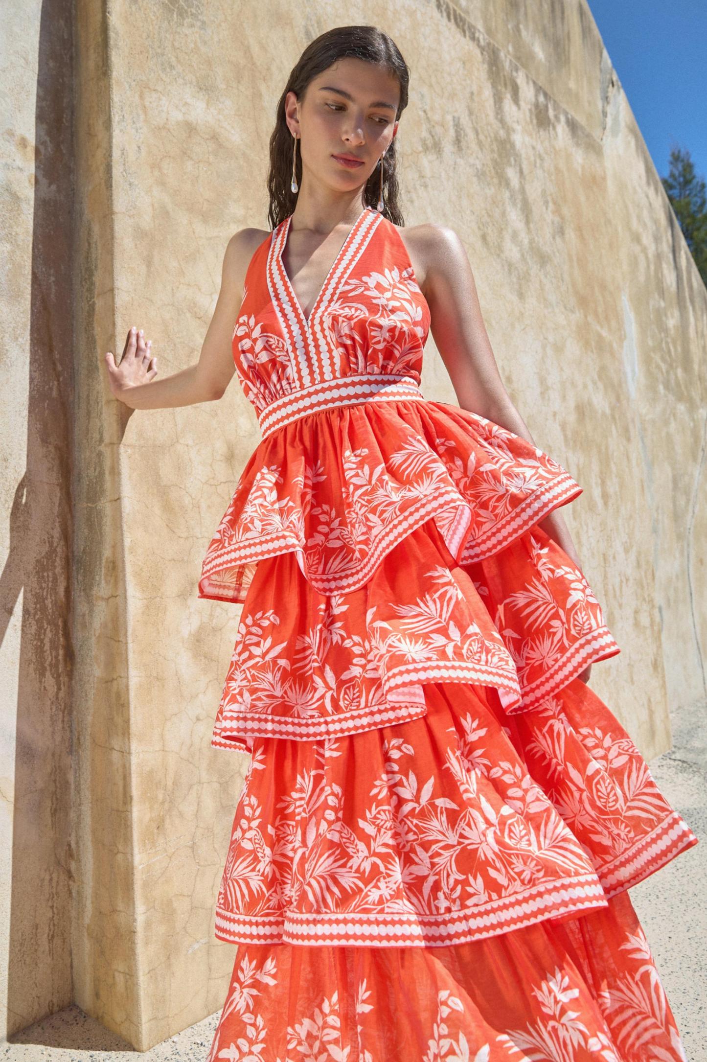 Botanical Print Ruffle Halter Neck Midi Dress