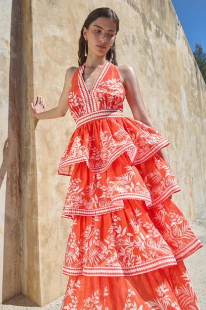 Botanical Print Ruffle Halter Neck Midi Dress