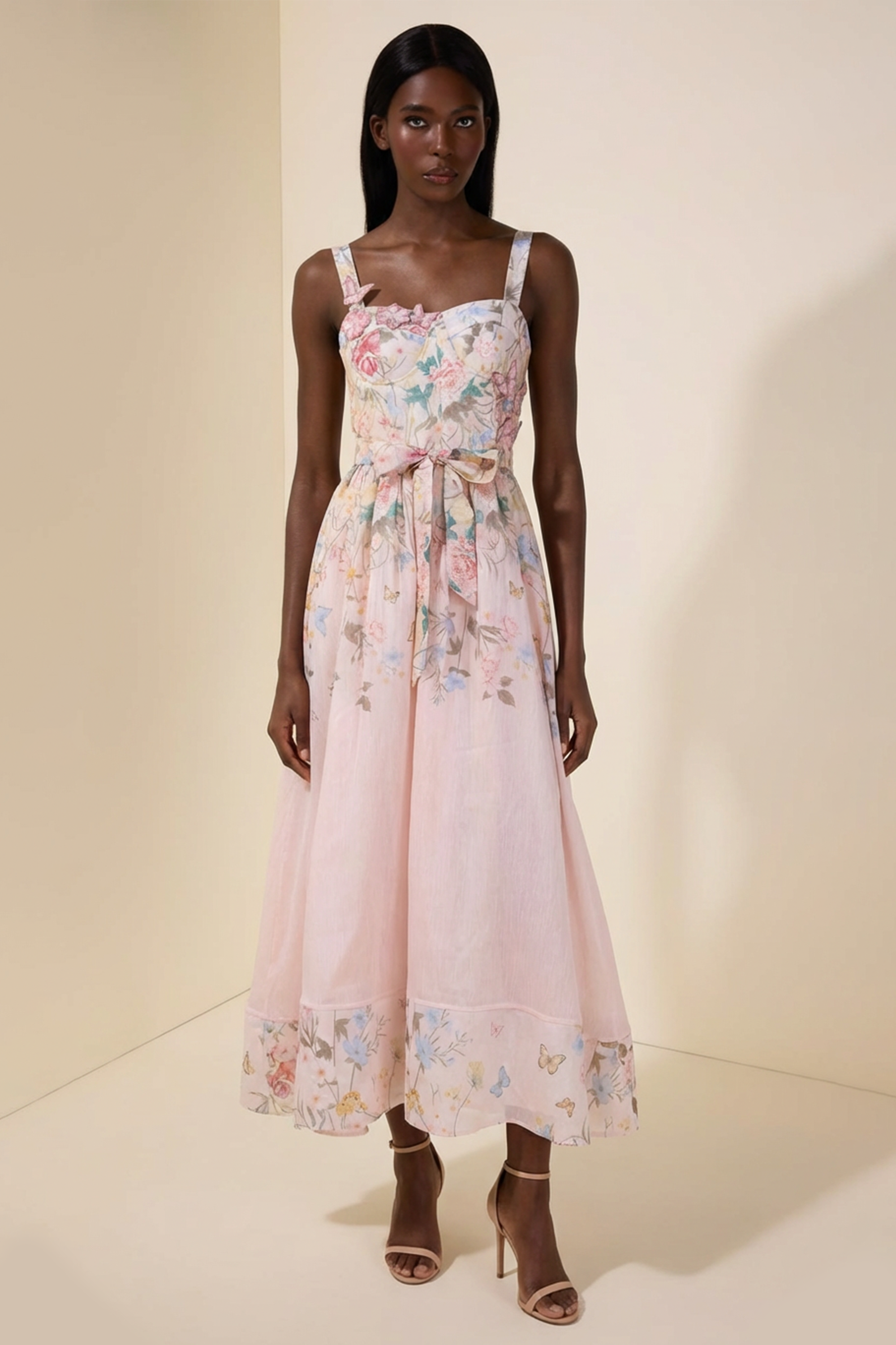 Floral Smocking Square Collar Midi Dress With Belt