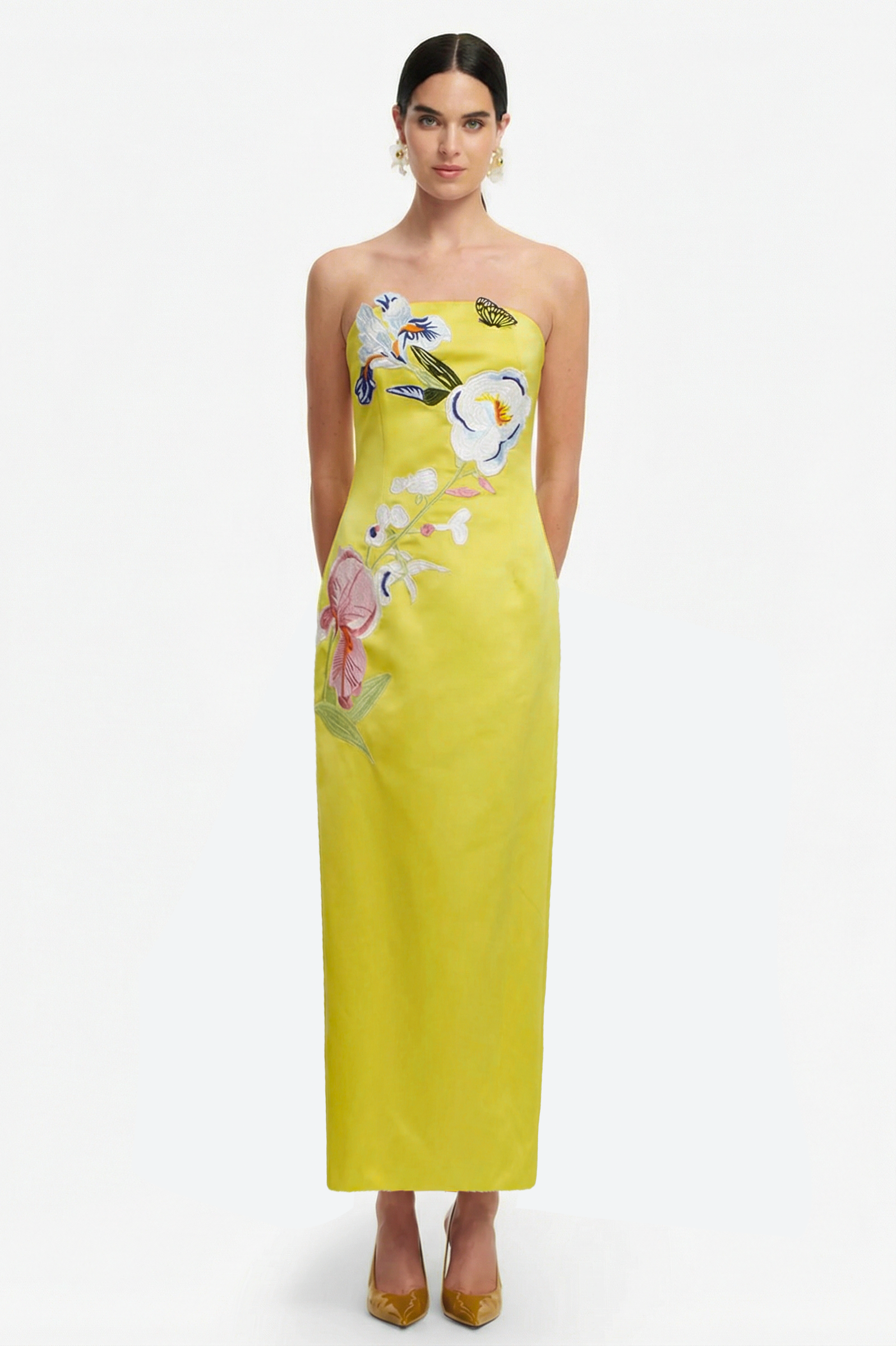 Embroidered Off Shoulder Slit Midi Dress