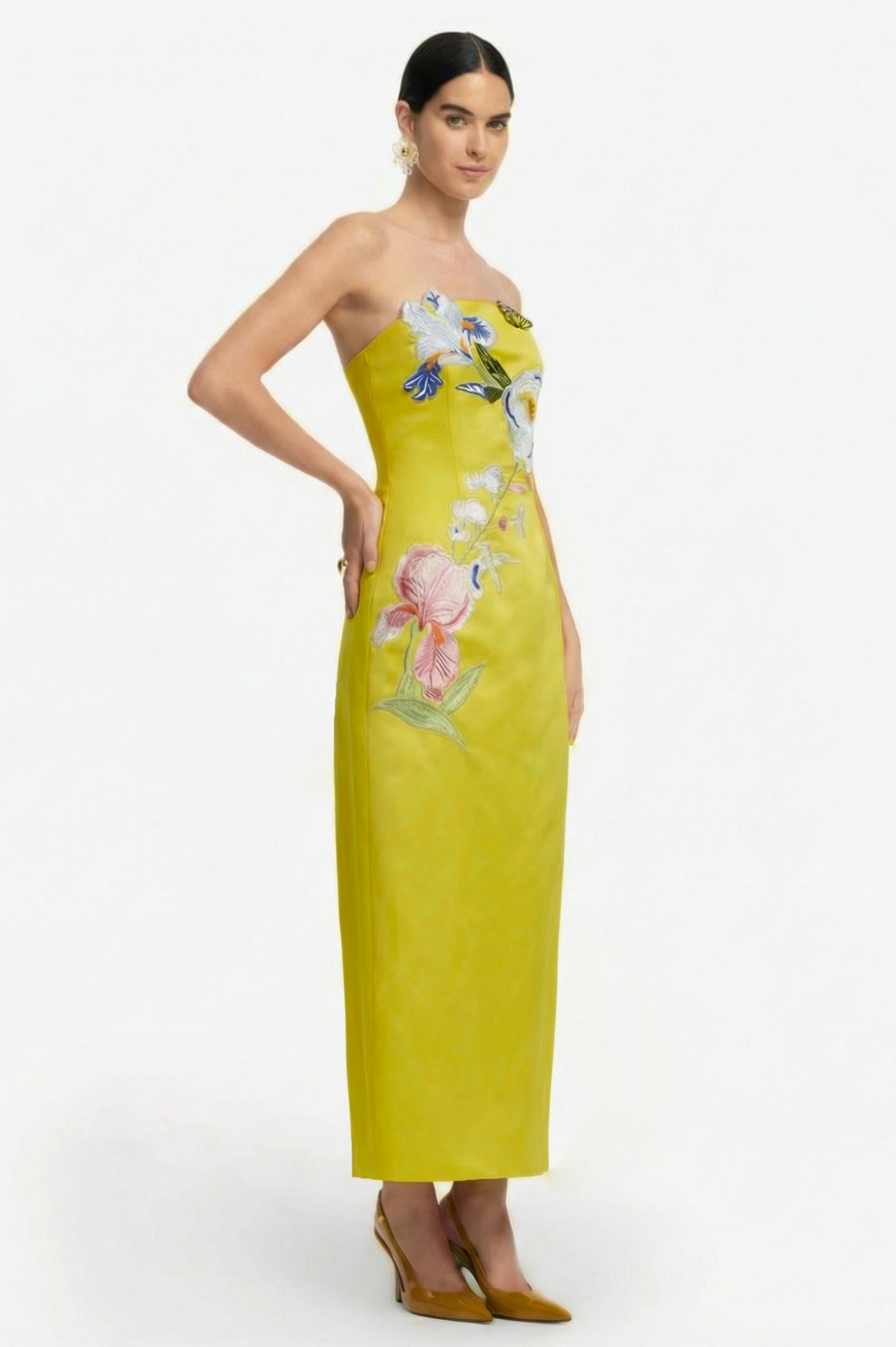 Embroidered Off Shoulder Slit Midi Dress