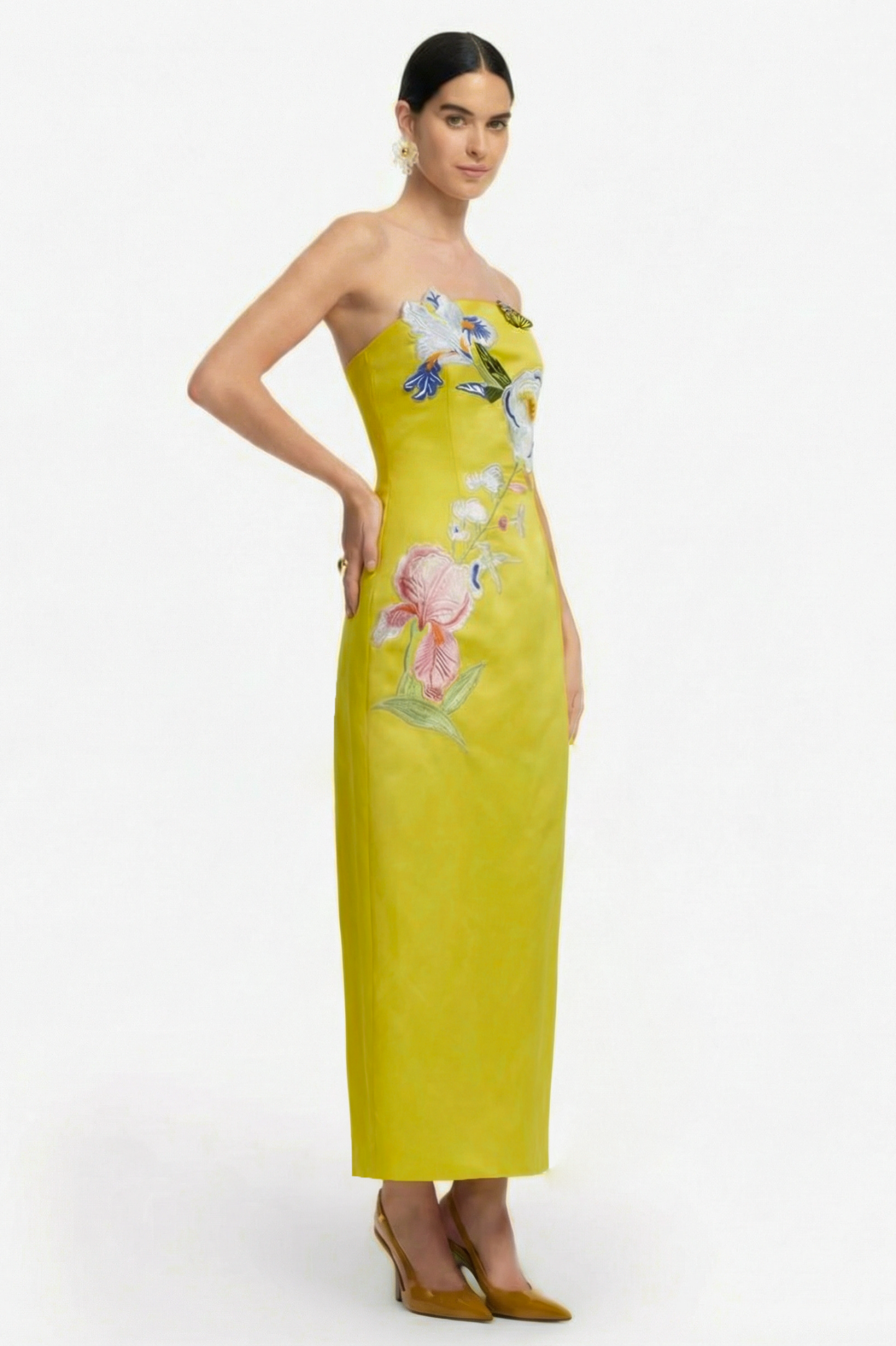 Embroidered Off Shoulder Slit Midi Dress