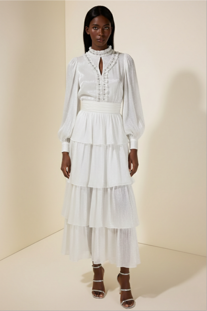 Rhinestone Rivets Ruffle Cut-Out Midi Dress