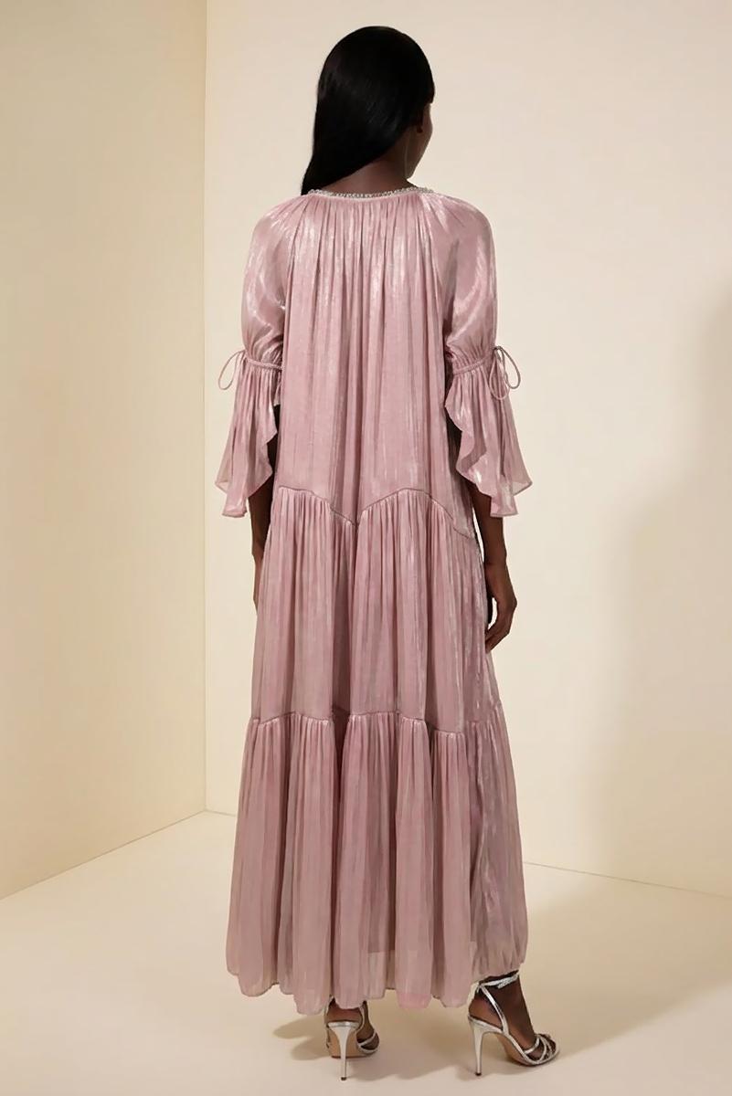 Satin Rhinestone Rivets Tie-Up Maxi Dress