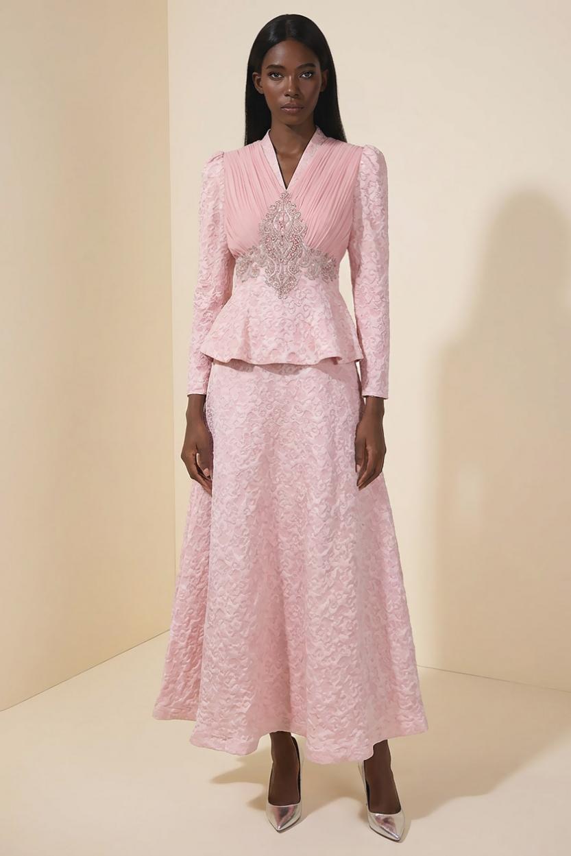 Jacquard Rivet V-Neck Top & High Waist Maxi Skirt Set