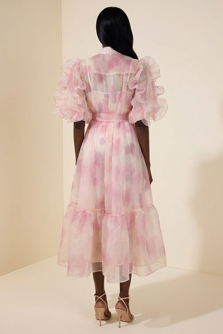 Tie Dye Puff Sleeve Ruffle Midi Dress