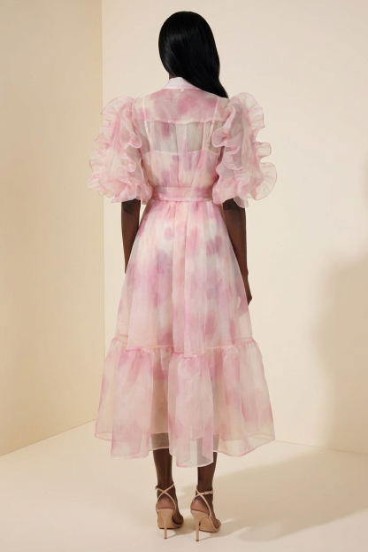 Tie Dye Puff Sleeve Ruffle Midi Dress