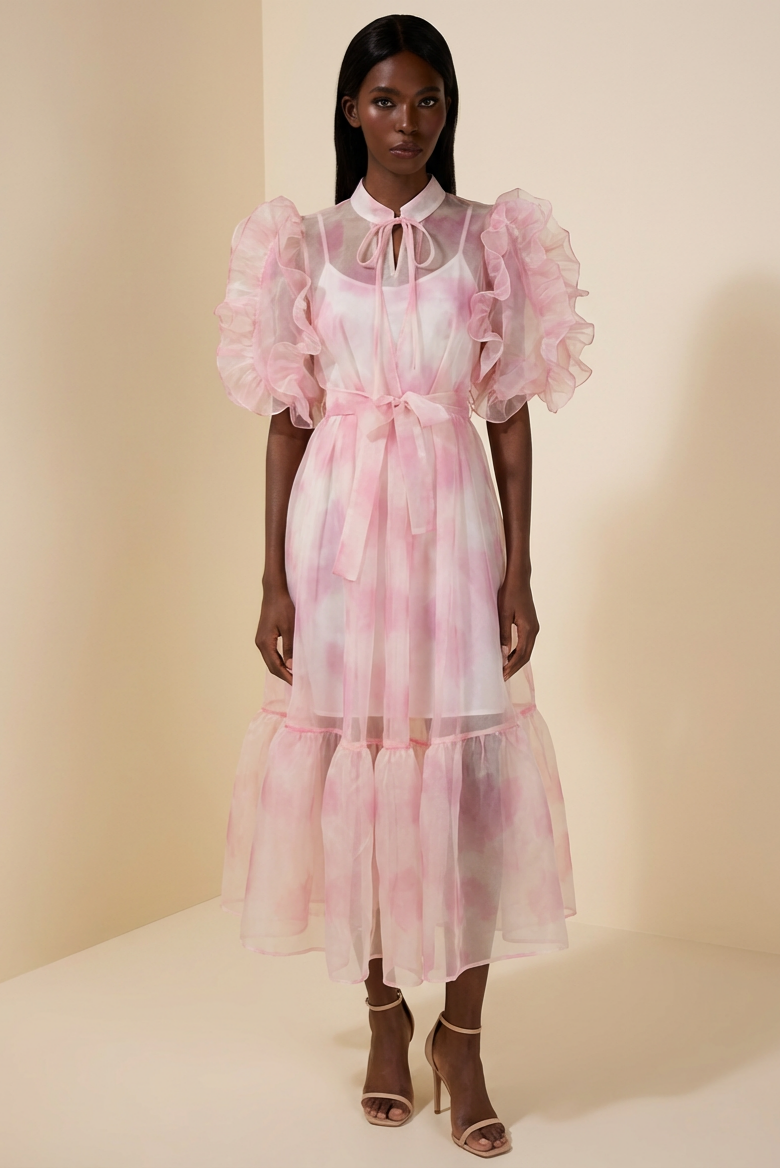 Tie Dye Puff Sleeve Ruffle Midi Dress