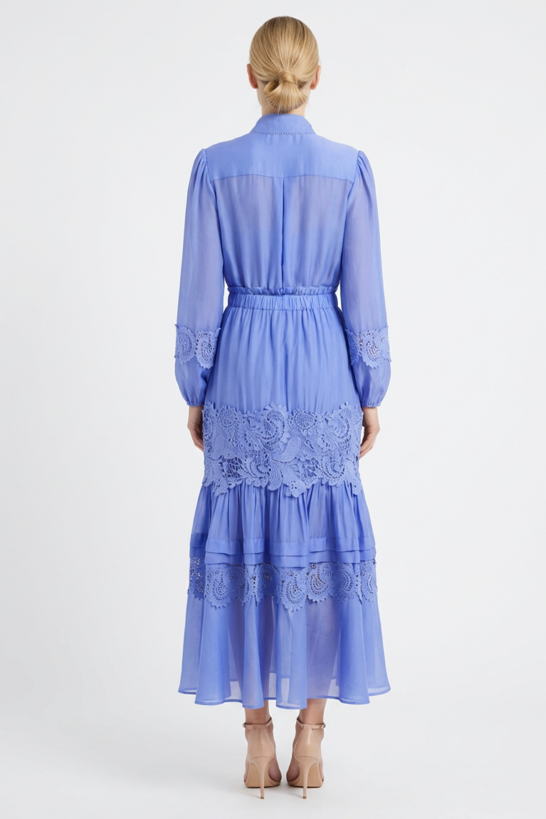 Solid Lace Shirt Collar Top & Mid Waist Ruffle Midi Skirt Set
