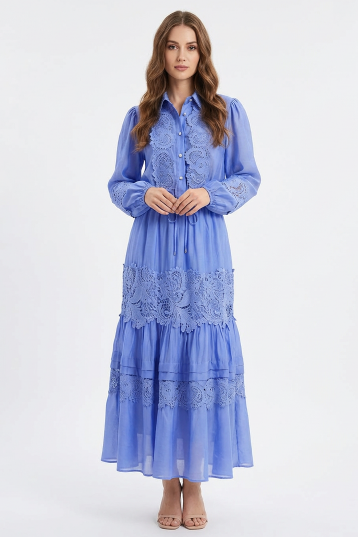 Solid Lace Shirt Collar Top & Mid Waist Ruffle Midi Skirt Set