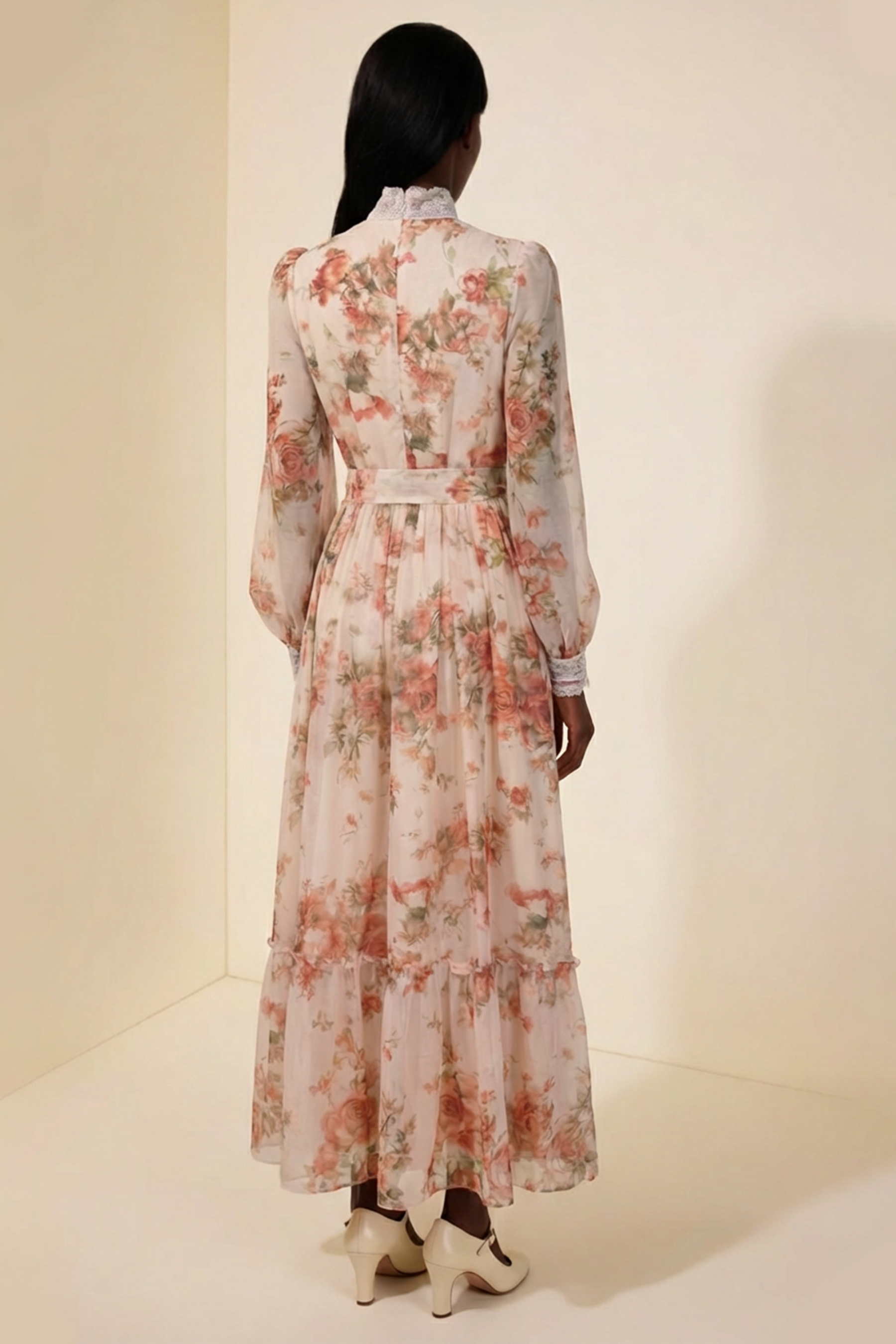 Floral Lace Frill Maxi Dress With Belt