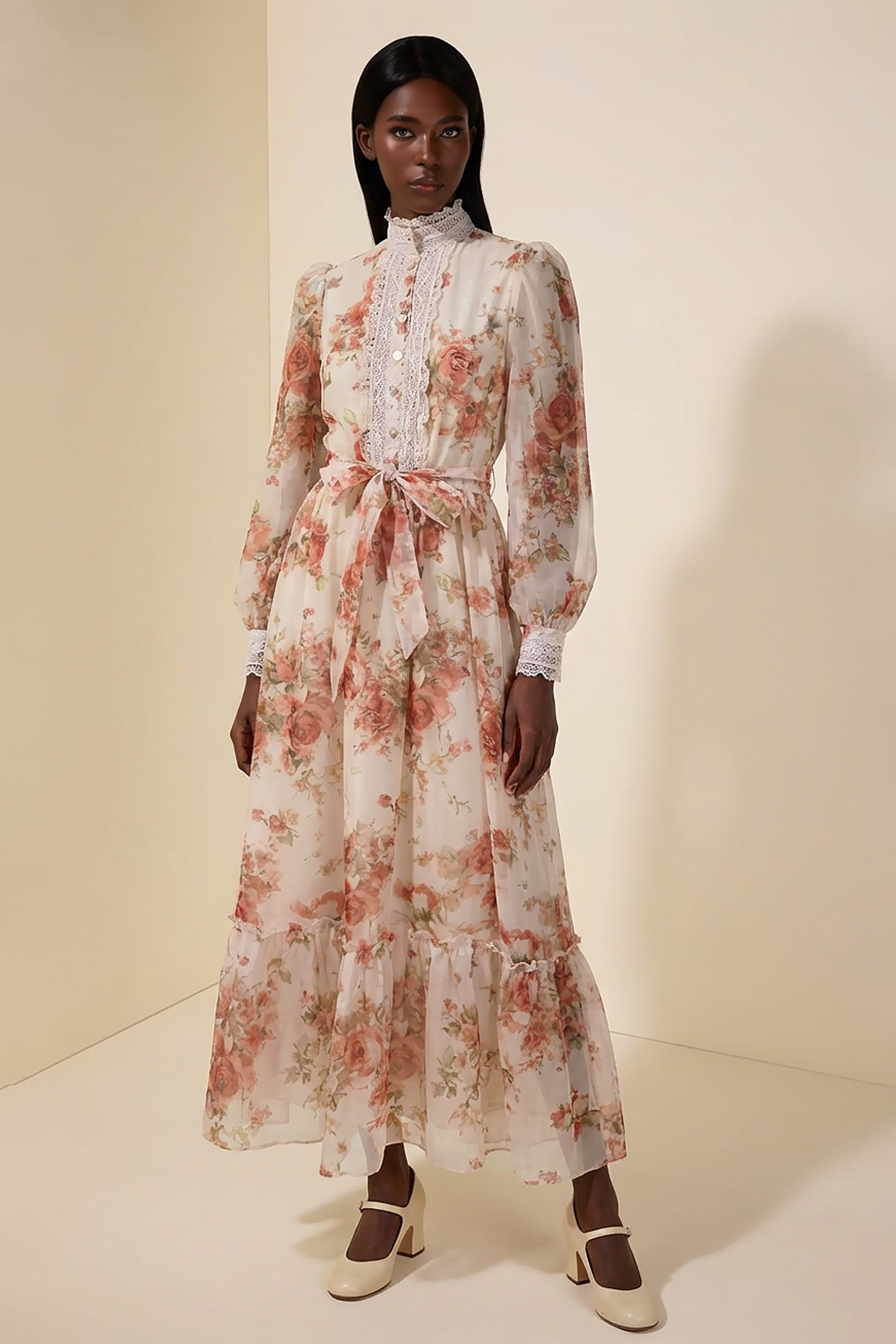 Floral Lace Frill Maxi Dress With Belt