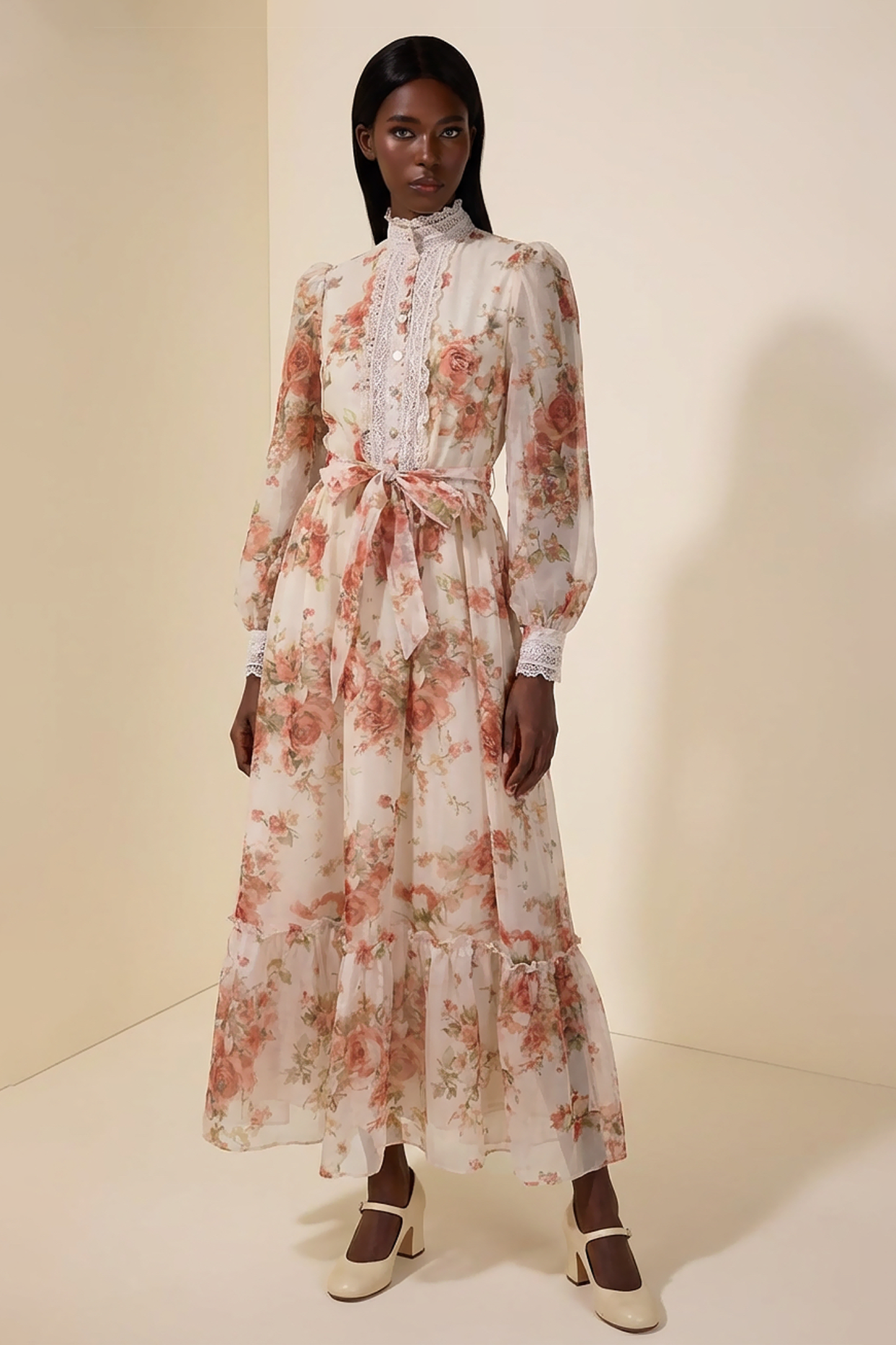 Floral Lace Frill Maxi Dress With Belt