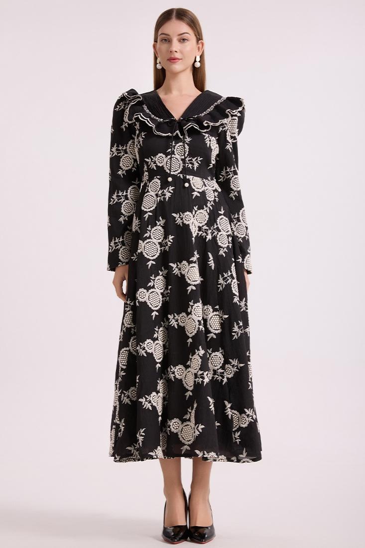 Chiffon Embroidered Ruffle Maxi Dress