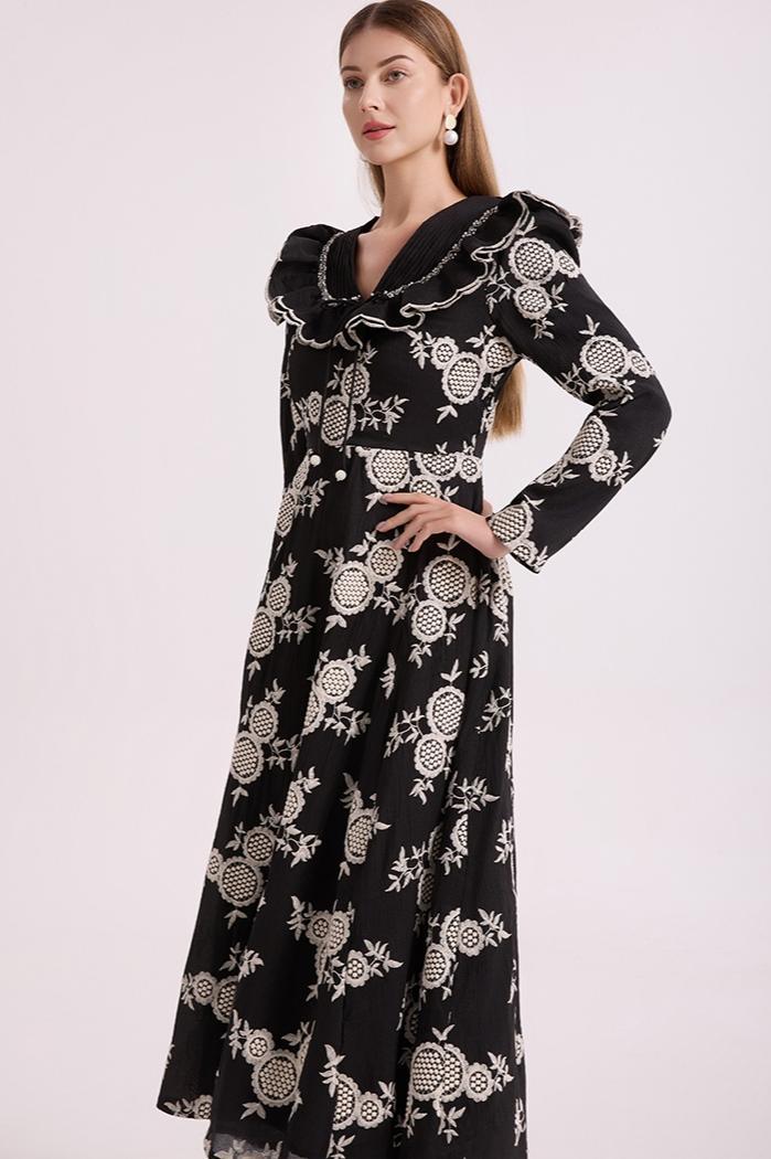 Chiffon Embroidered Ruffle Maxi Dress