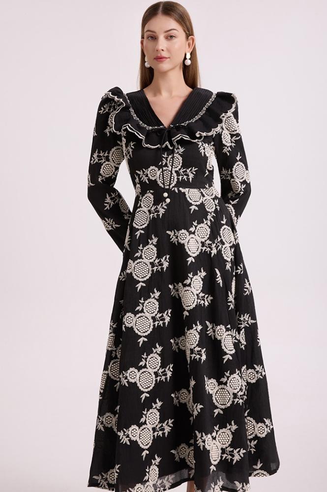 Chiffon Embroidered Ruffle Maxi Dress