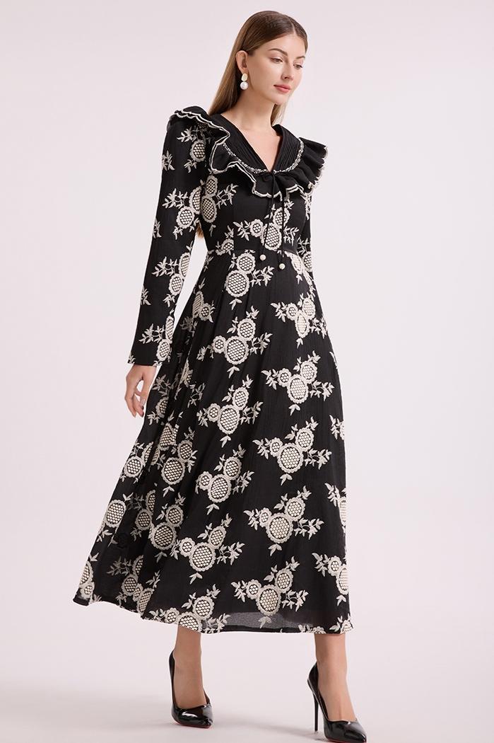 Chiffon Embroidered Ruffle Maxi Dress