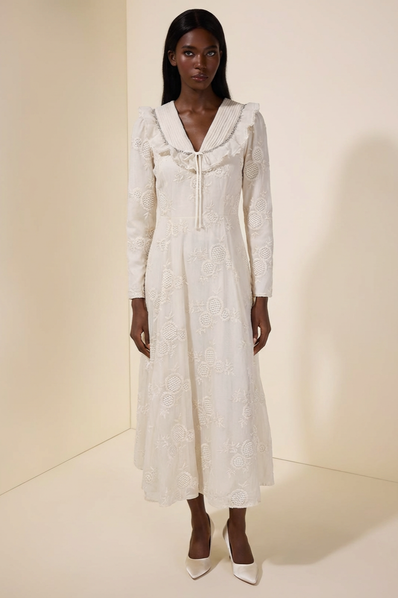 Chiffon Embroidered Ruffle Maxi Dress