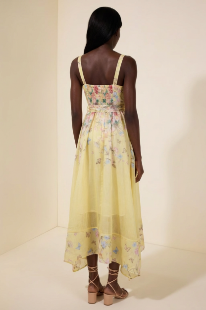 Floral Smocking Square Collar Midi Dress With Belt