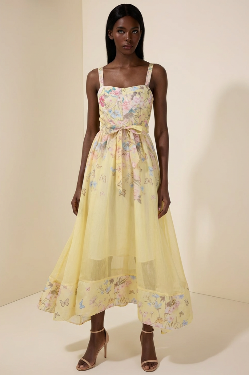 Floral Smocking Square Collar Midi Dress With Belt