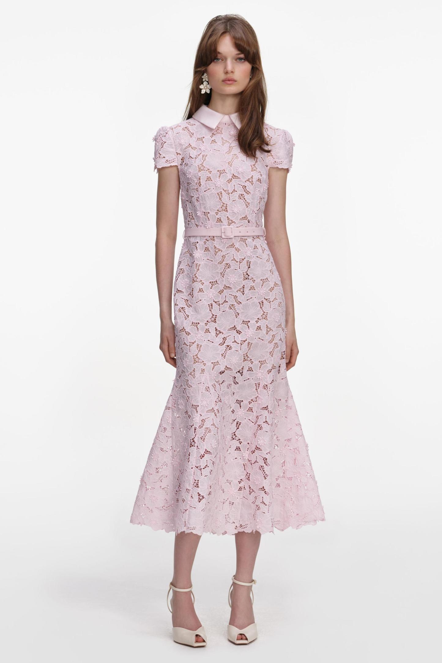 Lace Flapped Midi Dress With Belt