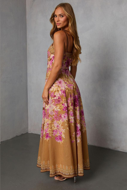 Floral Lace-Up Slip Midi Dress