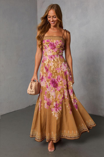 Floral Lace-Up Slip Midi Dress