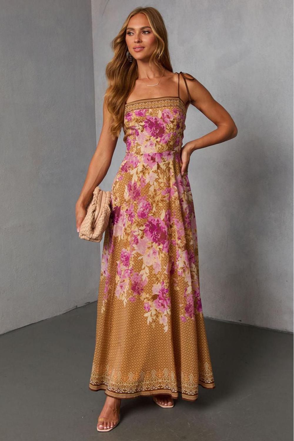 Floral Lace-Up Slip Midi Dress