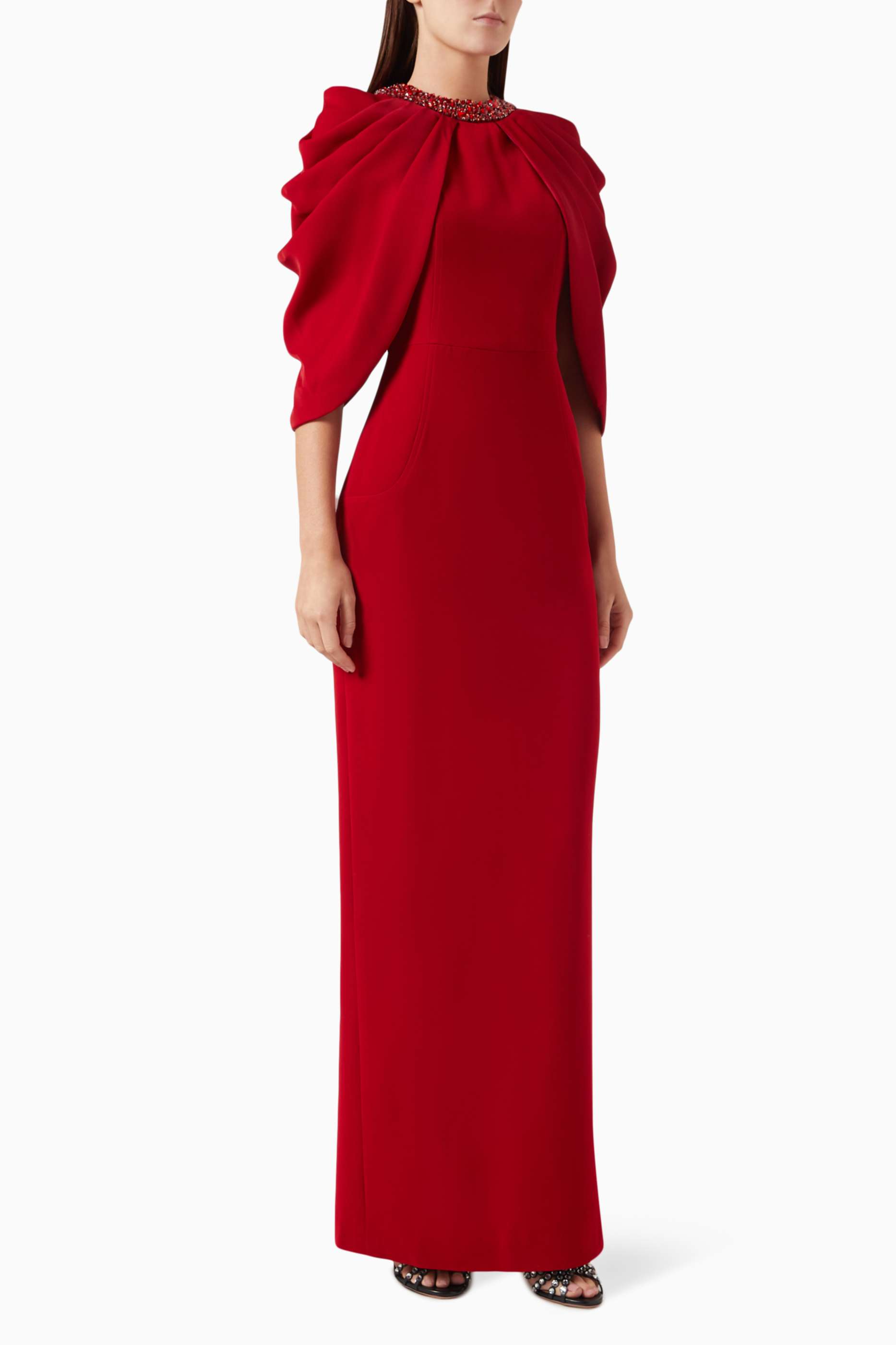 Rhinestone Rivets Ruched Cape Sleeve Maxi Dress