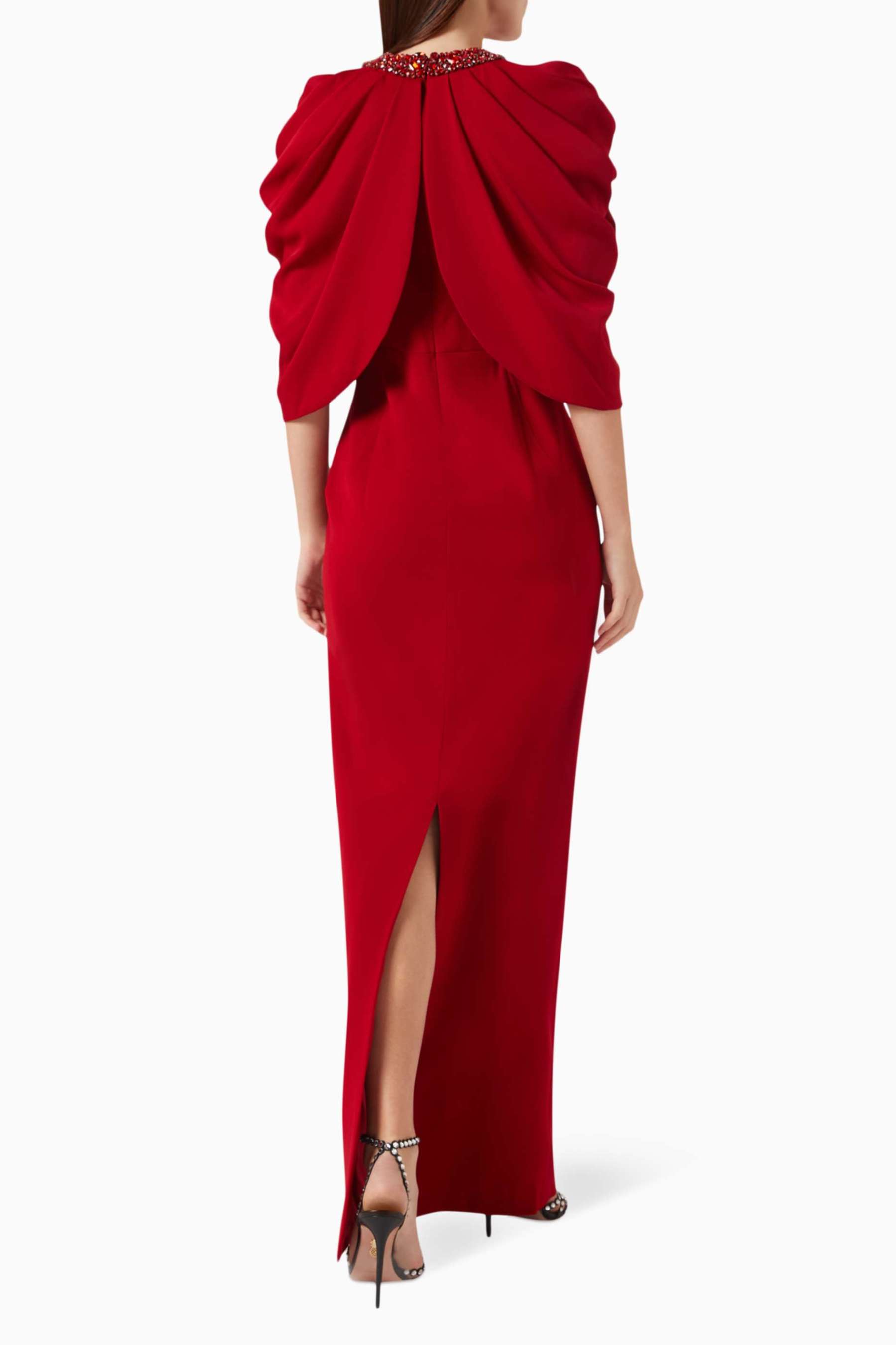 Rhinestone Rivets Ruched Cape Sleeve Maxi Dress