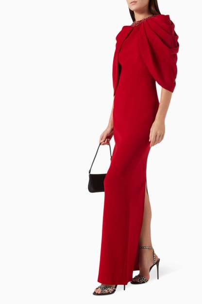 Rhinestone Rivets Ruched Cape Sleeve Maxi Dress