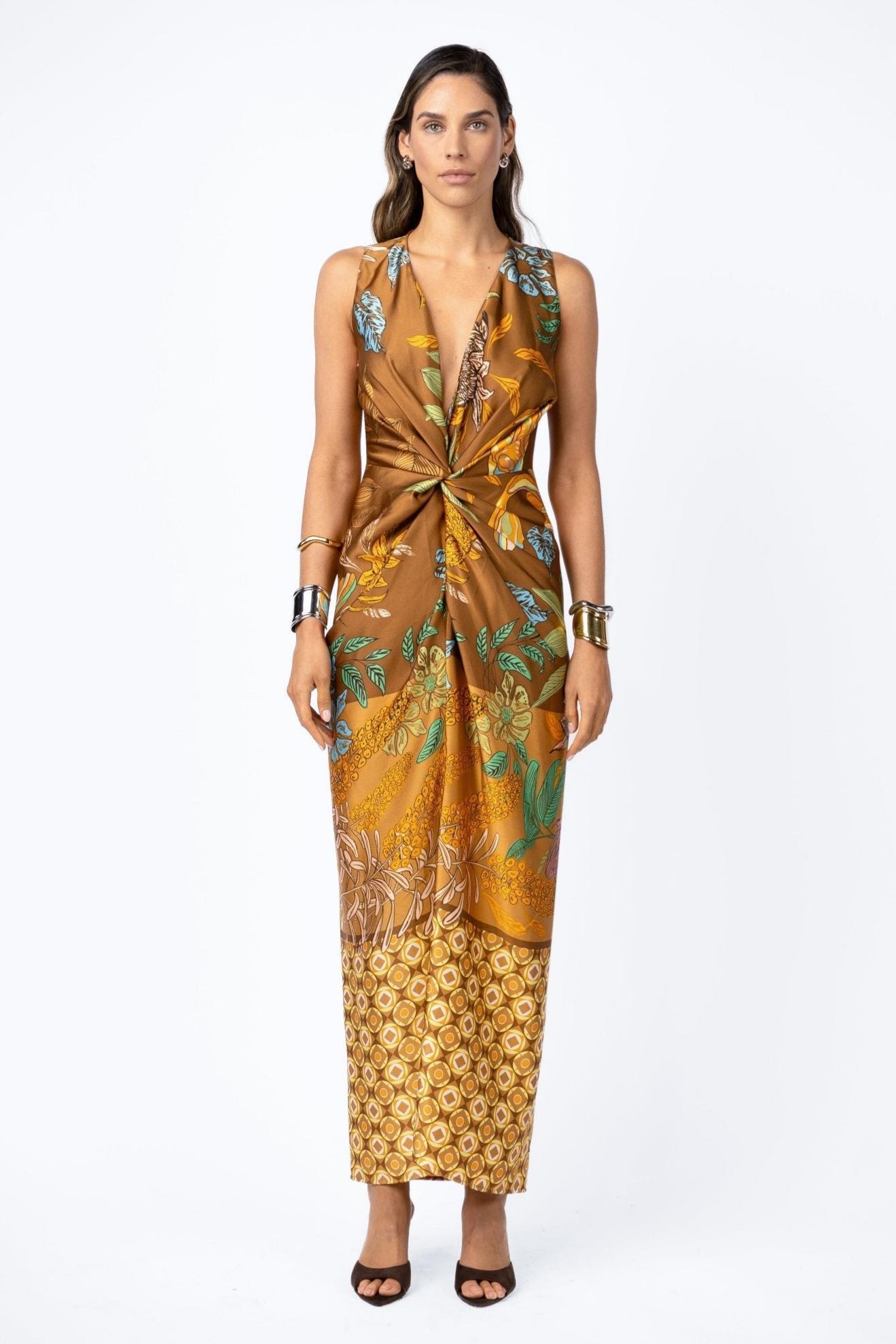 Botanical Print Satin Knotted Midi Dress