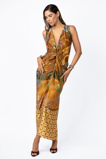 Botanical Print Satin Knotted Midi Dress