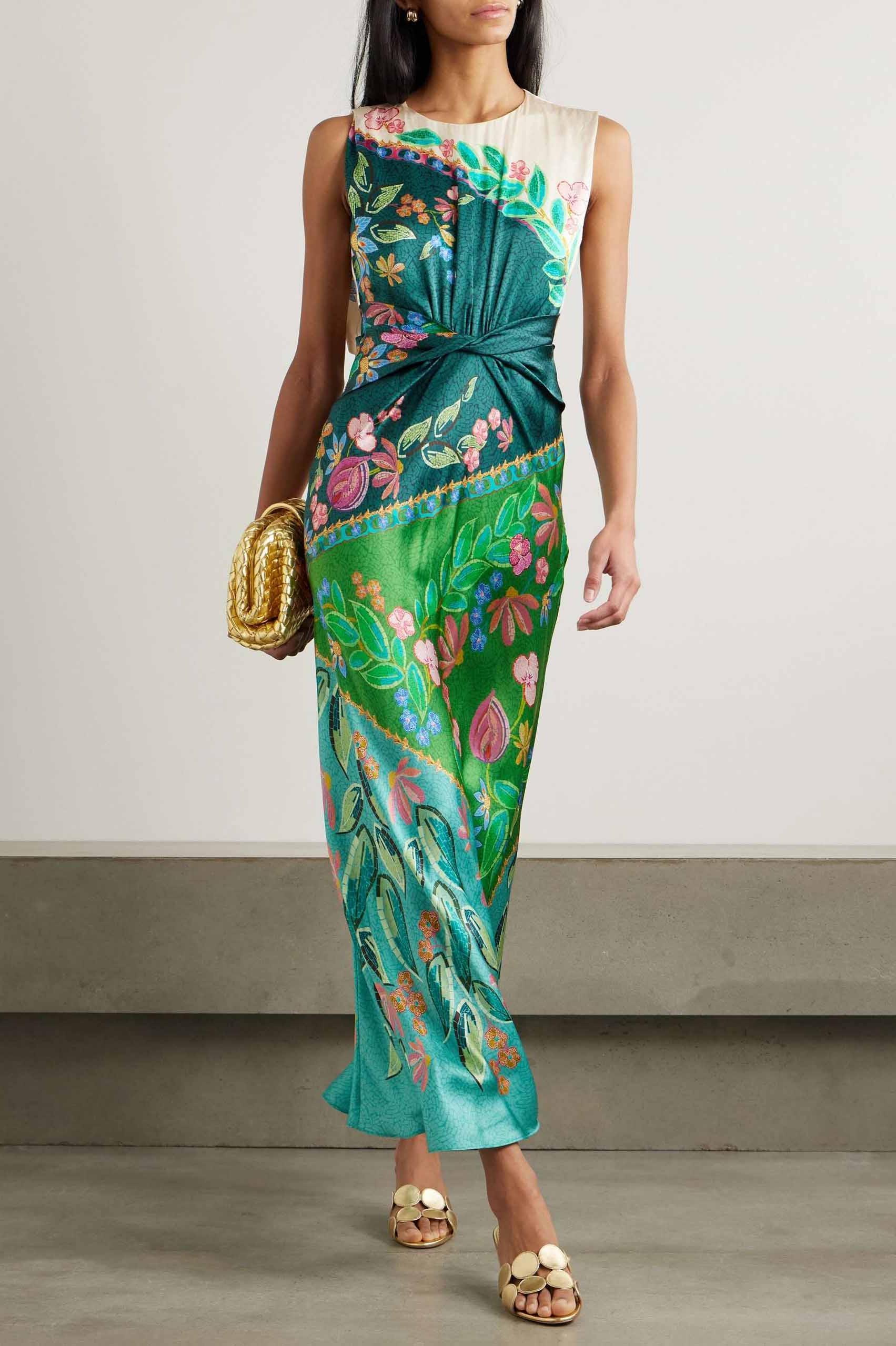 Satin Paisley Print Knotted Midi Dress