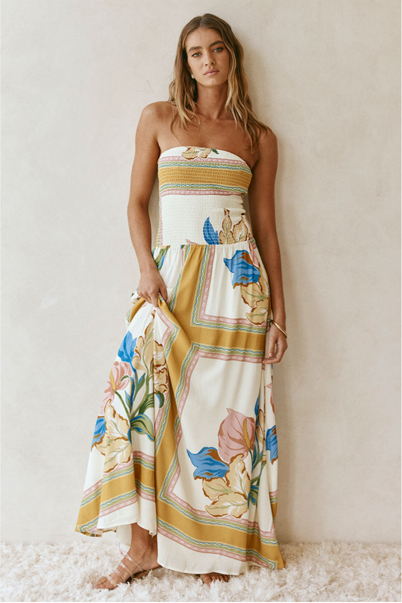 Floral Smocking Sleeveless Midi Dress
