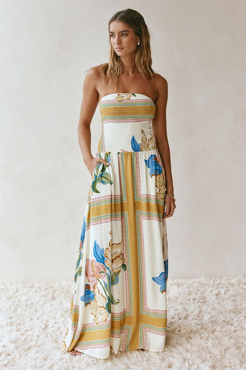 Floral Smocking Sleeveless Midi Dress