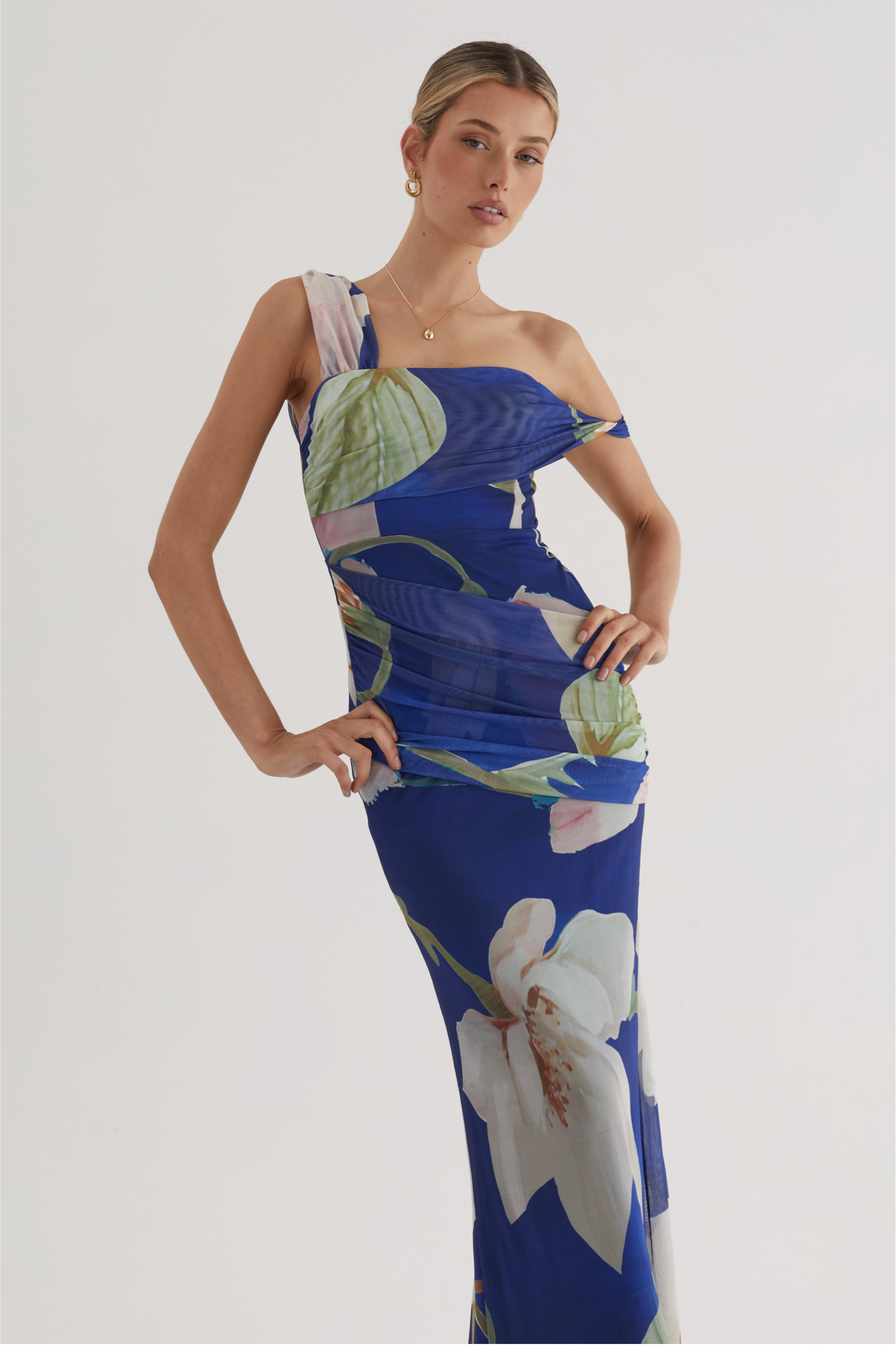 Floral Asymmetrical Gathering Maxi Dress