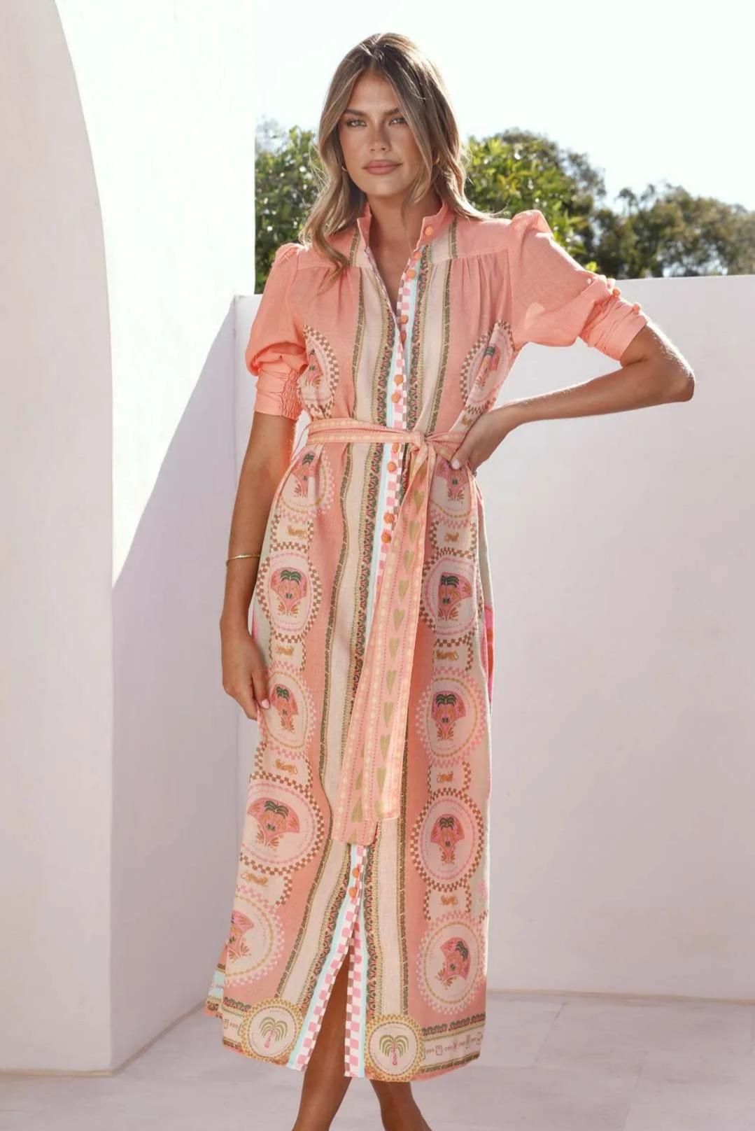 Paisley Print Single Breasted Midi Dress With Belt