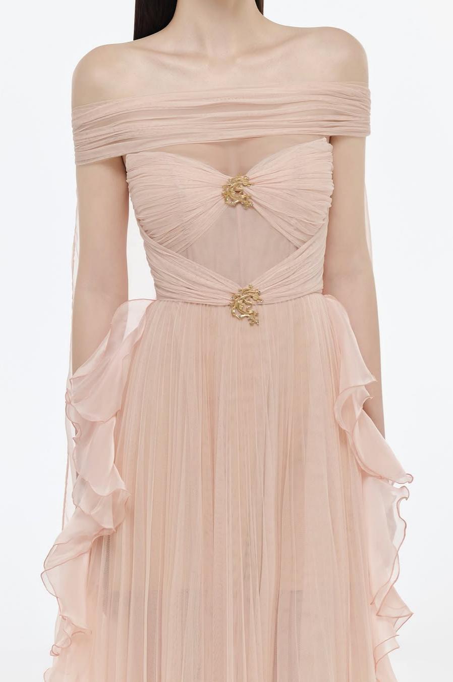 Mesh Off-Shoulder Ruffle Maxi Dress