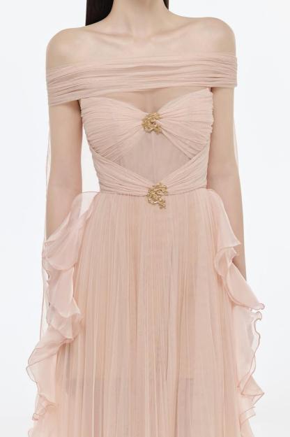 Mesh Off-Shoulder Ruffle Maxi Dress