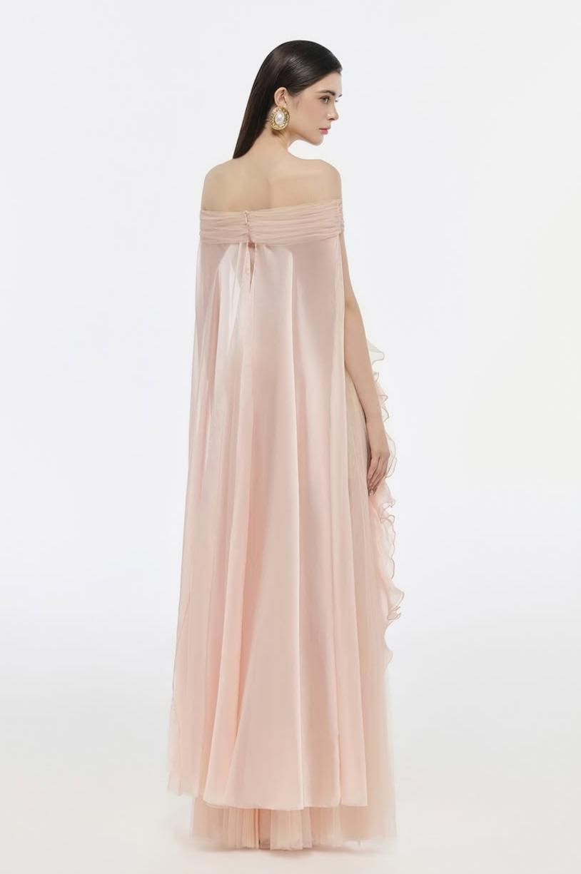 Mesh Off-Shoulder Ruffle Maxi Dress