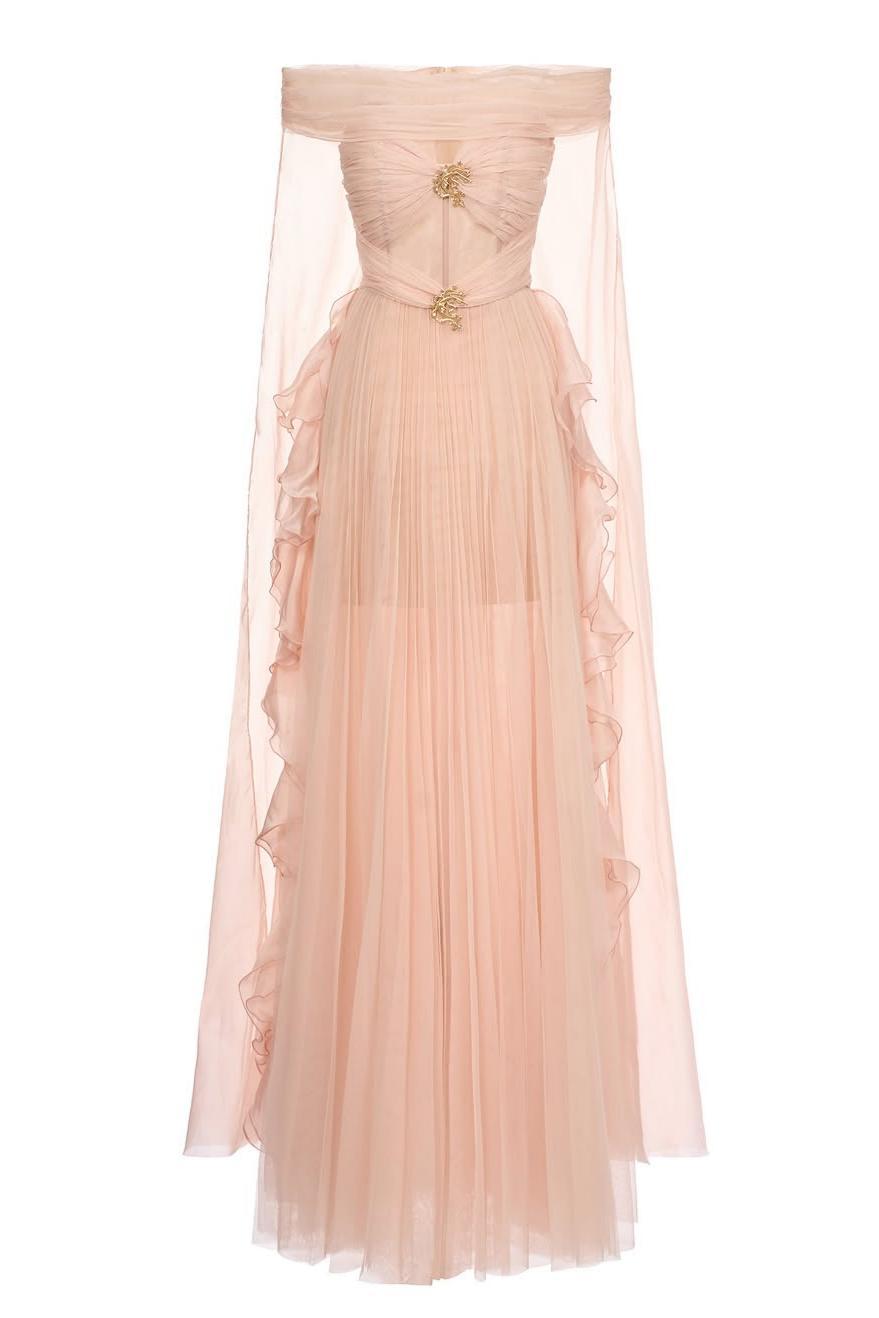 Mesh Off-Shoulder Ruffle Maxi Dress