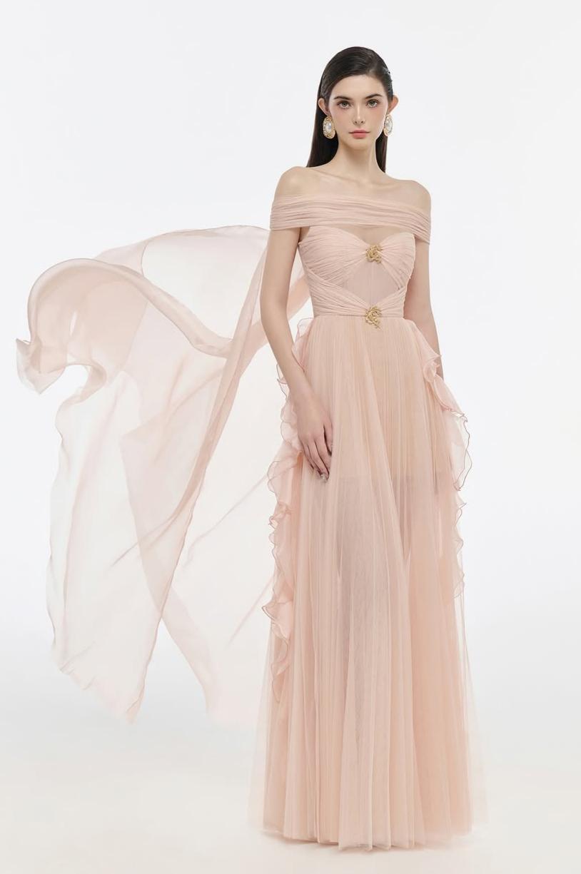 Mesh Off-Shoulder Ruffle Maxi Dress